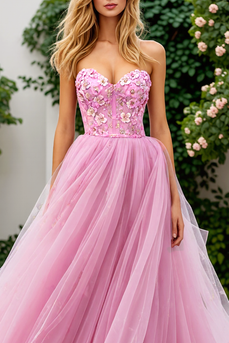 Pink Floral Tulle A Line Strapless Corset Long Prom Dress