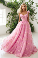 Load image into Gallery viewer, Pink Tulle Floral A Line Thick Straps Long Corset Prom Dress