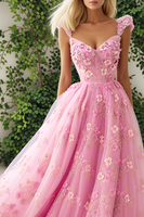 Load image into Gallery viewer, Pink Tulle Floral A Line Thick Straps Long Corset Prom Dress