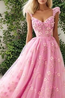 Pink Tulle Floral A Line Thick Straps Long Corset Prom Dress