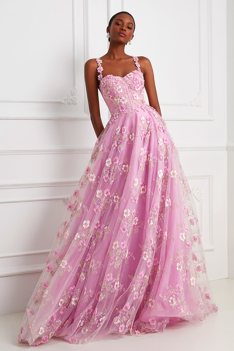 Load image into Gallery viewer, Pink Floral Thick Straps Corset A Line Long Prom Dress