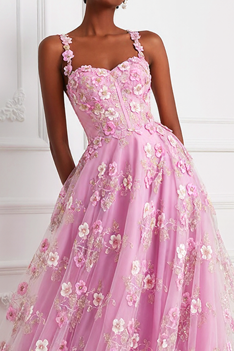 Load image into Gallery viewer, Pink Floral Thick Straps Corset A Line Long Prom Dress