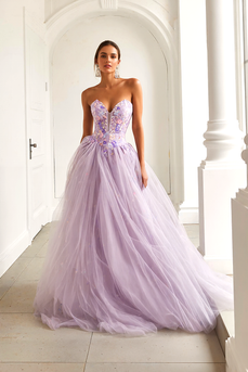 Lilac Floral Sweetheart Tulle A Line Long Prom Dress