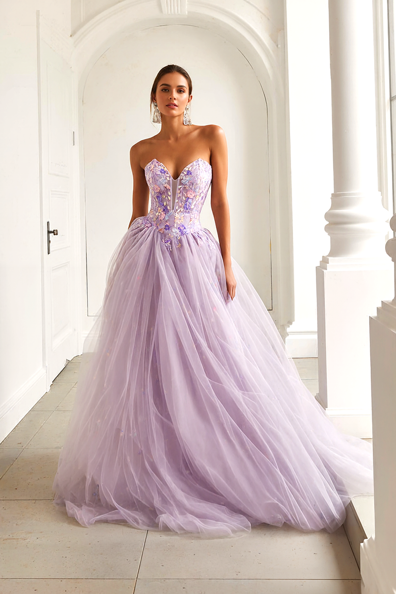 Load image into Gallery viewer, Lilac Floral Sweetheart Tulle A Line Long Prom Dress
