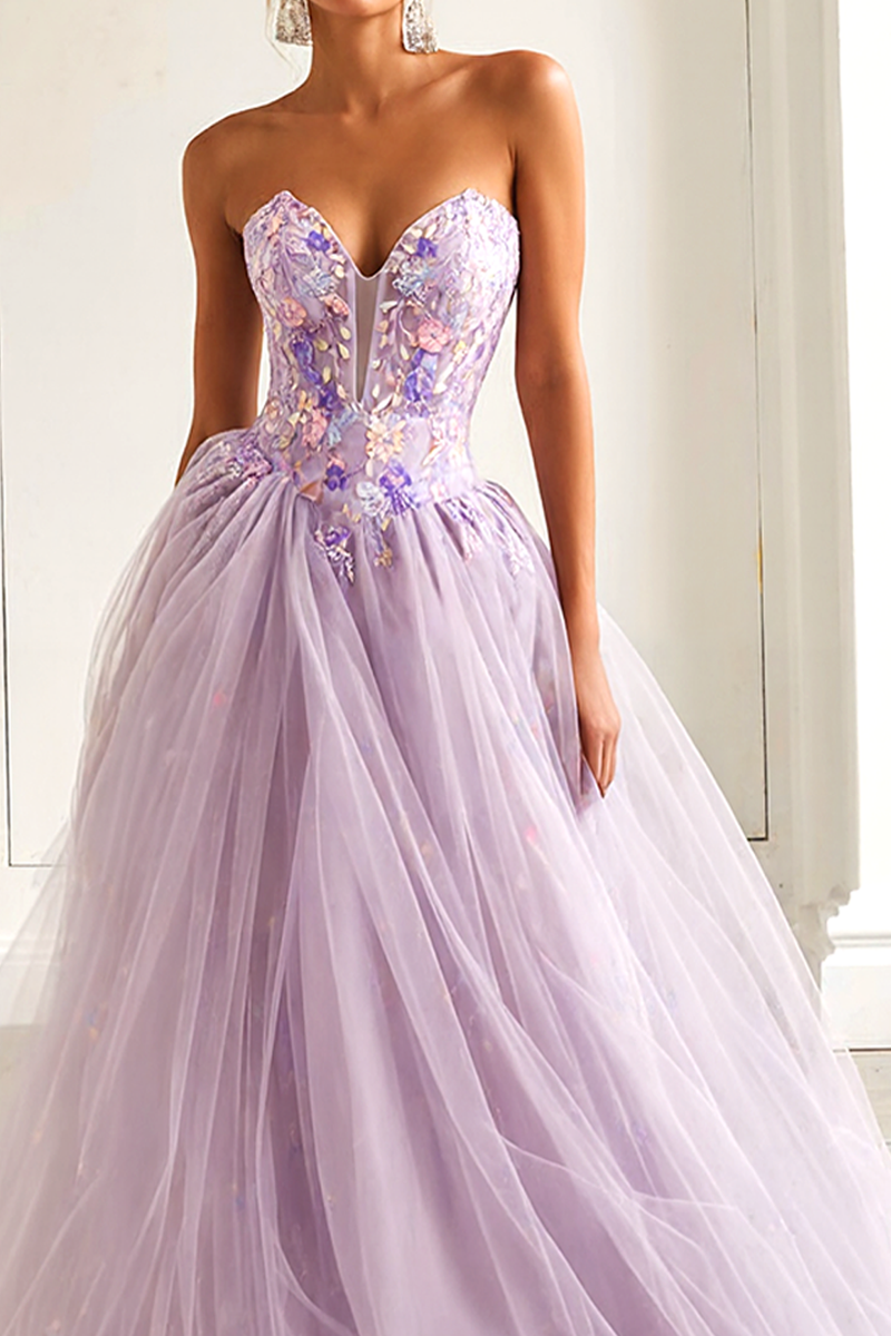 Load image into Gallery viewer, Lilac Floral Sweetheart Tulle A Line Long Prom Dress