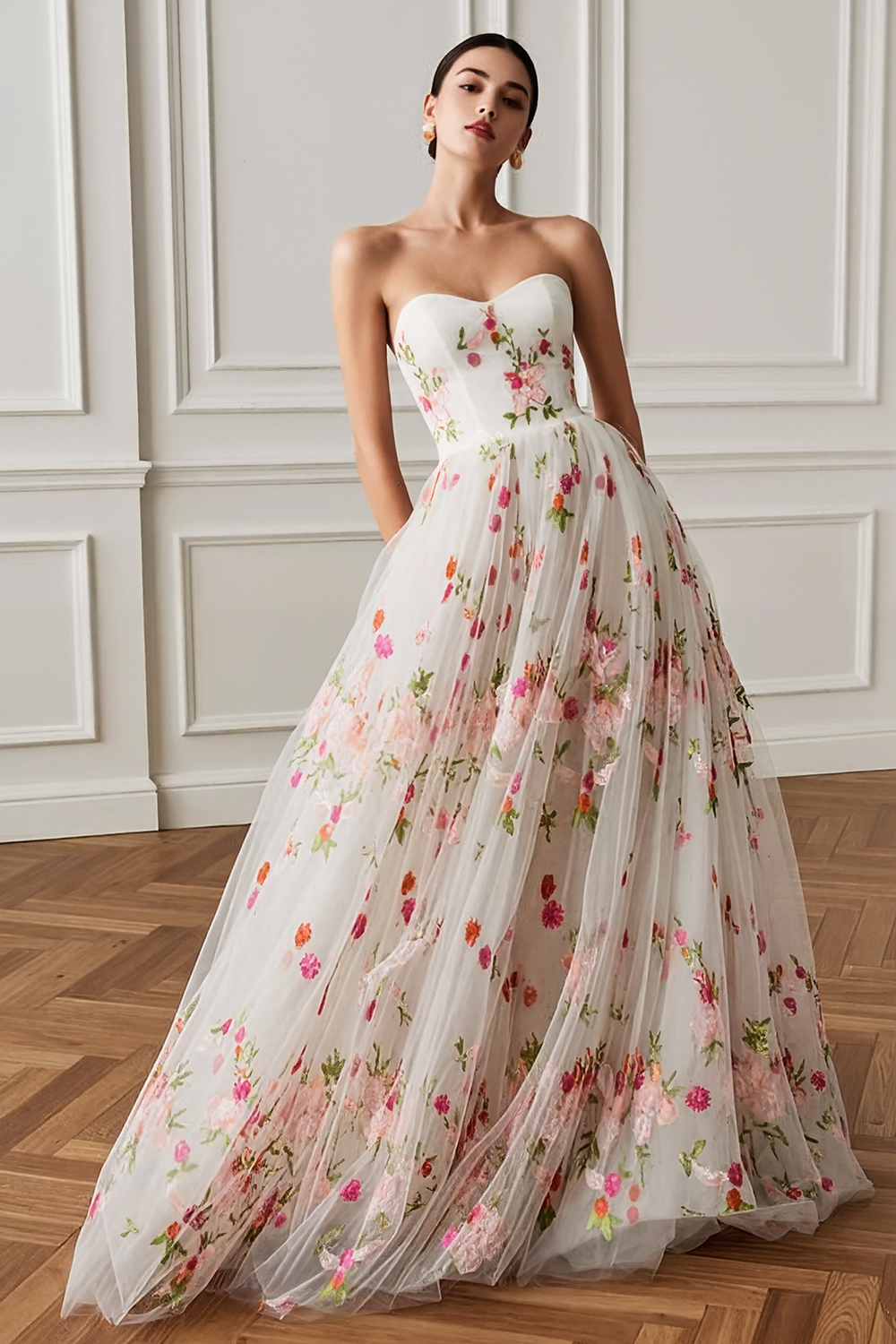 White Floral Princess Long Sweetheart Prom Dress