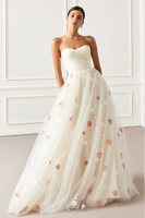 Load image into Gallery viewer, White Tulle Floral Strapless A Line Long Prom Dress