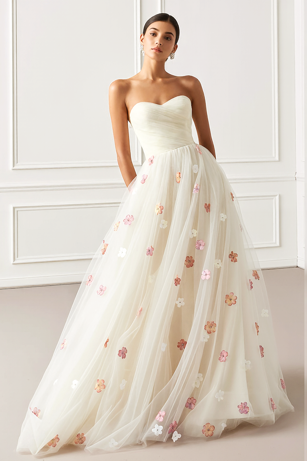 White Tulle Floral Strapless A Line Long Prom Dress