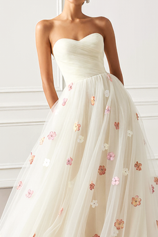 White Tulle Floral Strapless A Line Long Prom Dress
