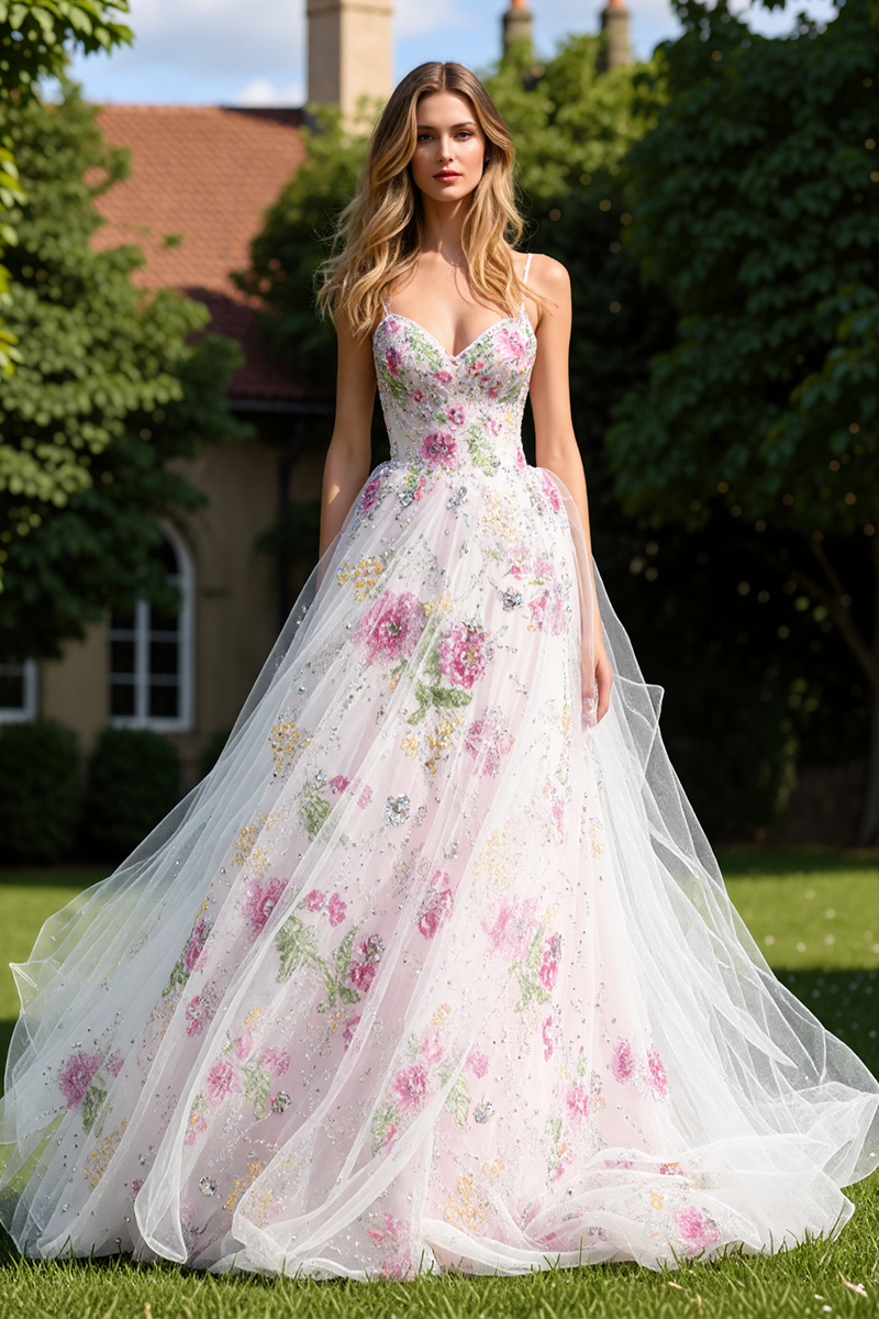 Load image into Gallery viewer, Sparkly White Floral A Line Sweetheart Princess Long Prom Dress