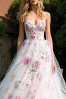 Load image into Gallery viewer, Sparkly White Floral A Line Sweetheart Princess Long Prom Dress