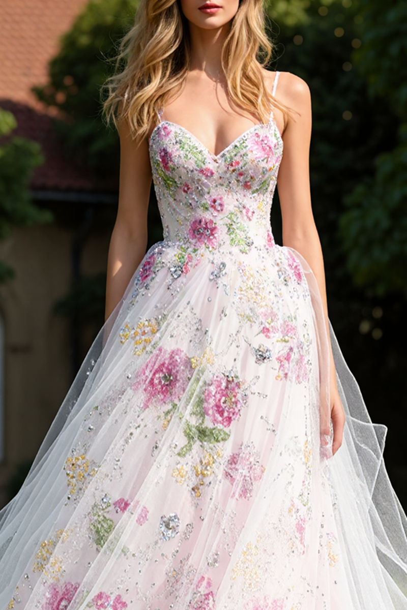 Load image into Gallery viewer, Sparkly White Floral A Line Sweetheart Princess Long Prom Dress