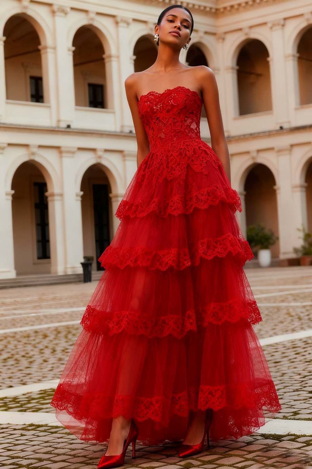 Red Tulle A-Line Tiered Long Lace Prom Dress with Ruffles
