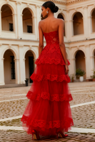 Load image into Gallery viewer, Red Tulle A-Line Tiered Long Lace Prom Dress with Ruffles