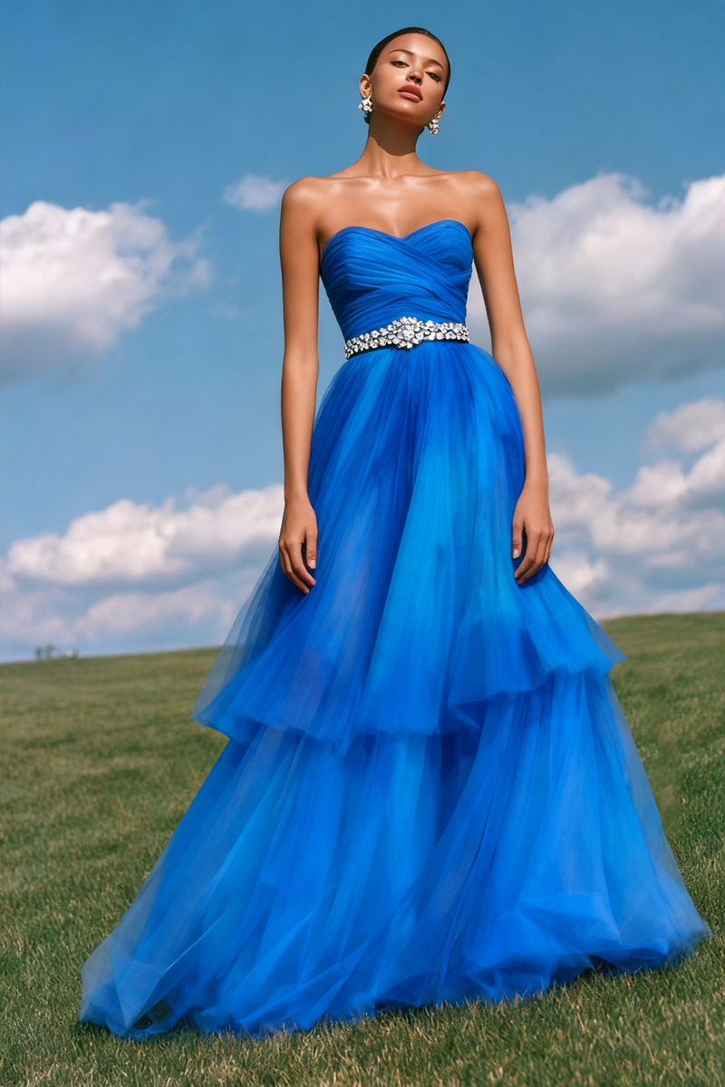 Load image into Gallery viewer, Sparkly Royal Blue Beaded Ruffled Sweetheart Long Prom Dress