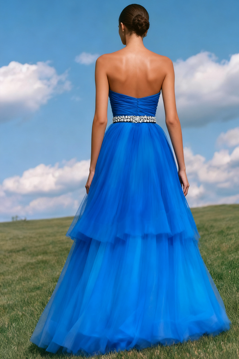 Load image into Gallery viewer, Sparkly Royal Blue Beaded Ruffled Sweetheart Long Prom Dress