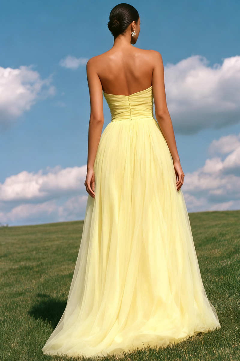 Load image into Gallery viewer, Light Yellow Tulle Princess Sweetheart Long Prom Dress