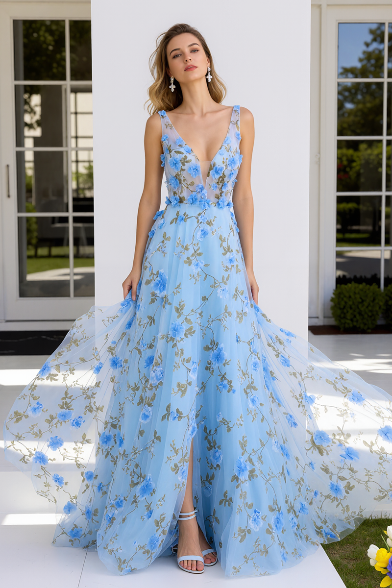 Load image into Gallery viewer, Light Blue Floral A-Line Thick Straps Long Prom Dress with Slit