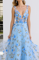 Load image into Gallery viewer, Light Blue Floral A-Line Thick Straps Long Prom Dress with Slit