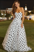 Load image into Gallery viewer, White and Black Polka Dots Tulle A-Line Sweetheart Long Prom Dress
