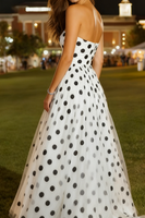 Load image into Gallery viewer, White and Black Polka Dots Tulle A-Line Sweetheart Long Prom Dress