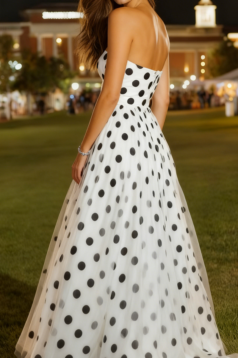 Load image into Gallery viewer, White and Black Polka Dots Tulle A-Line Sweetheart Long Prom Dress