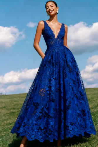 Blue Lace V-Neck A-Line Backless Long Prom Dress