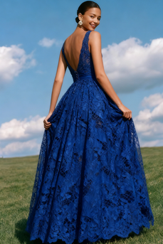 Blue Lace V-Neck A-Line Backless Long Prom Dress