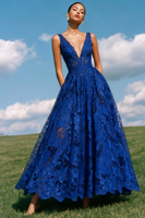 Load image into Gallery viewer, Blue Lace V-Neck A-Line Backless Long Prom Dress