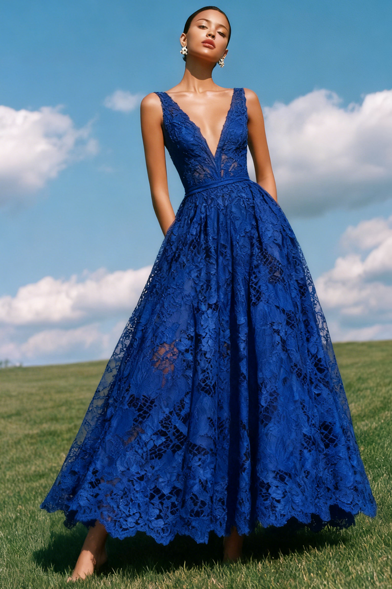 Load image into Gallery viewer, Blue Lace V-Neck A-Line Backless Long Prom Dress