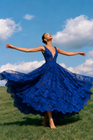 Load image into Gallery viewer, Blue Lace V-Neck A-Line Backless Long Prom Dress