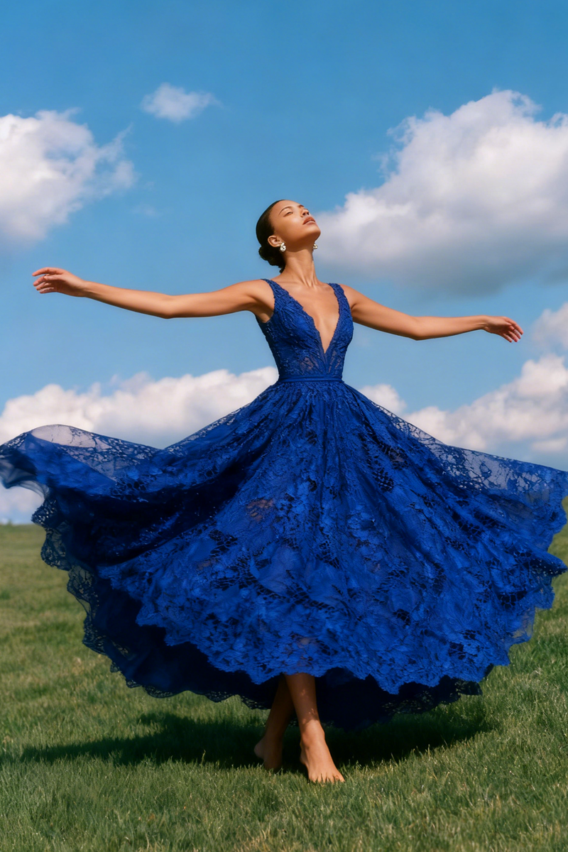 Load image into Gallery viewer, Blue Lace V-Neck A-Line Backless Long Prom Dress