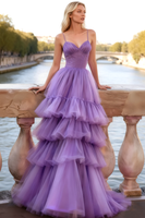 Load image into Gallery viewer, Lilac Tulle Spaghetti Straps Long Corset Prom Dress with Ruffles