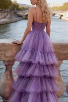Lilac Tulle Spaghetti Straps Long Corset Prom Dress with Ruffles