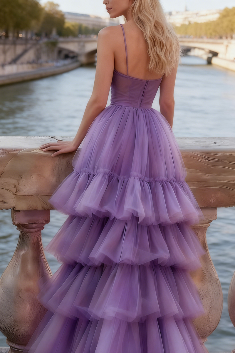 Load image into Gallery viewer, Lilac Tulle Spaghetti Straps Long Corset Prom Dress with Ruffles