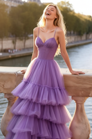 Load image into Gallery viewer, Lilac Tulle Spaghetti Straps Long Corset Prom Dress with Ruffles