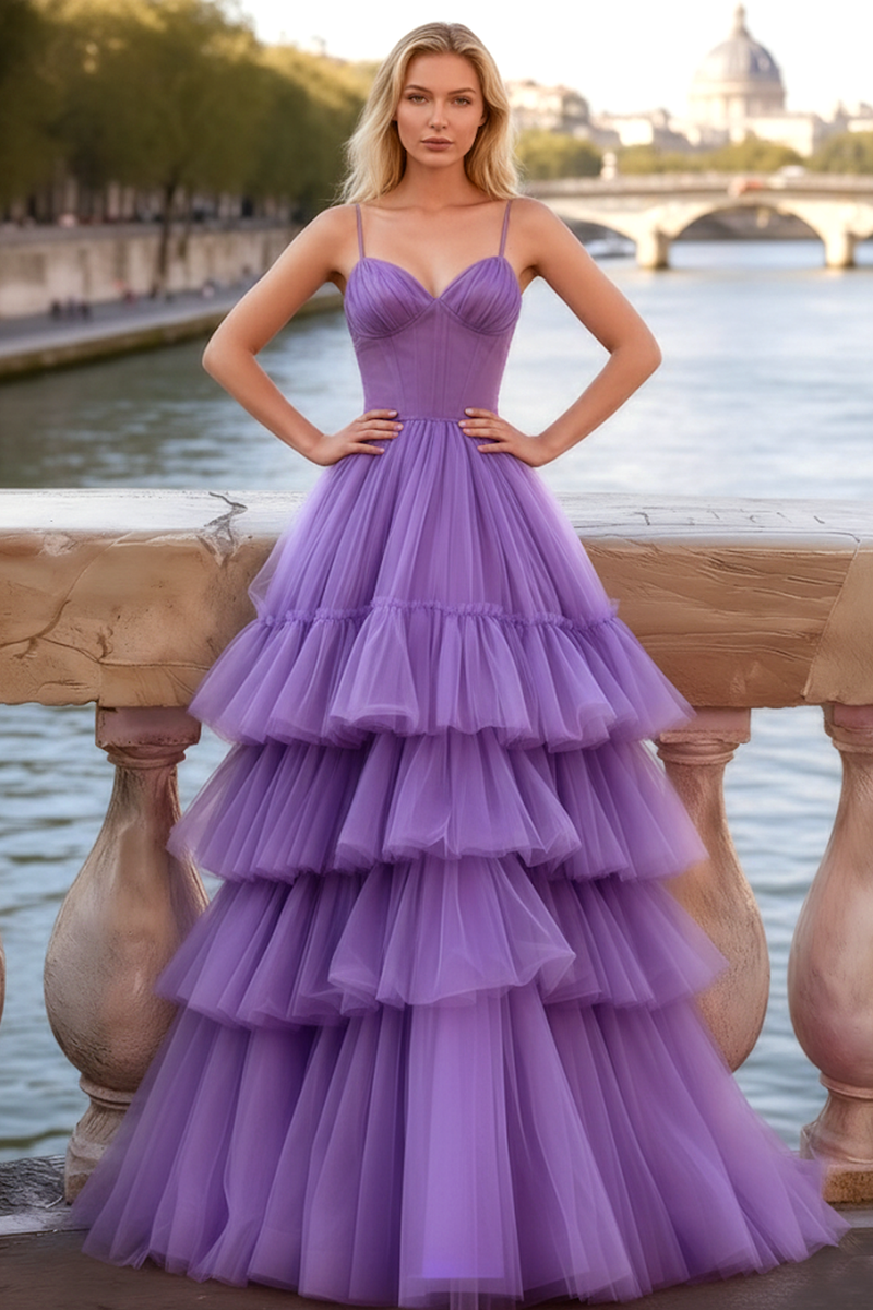 Load image into Gallery viewer, Lilac Tulle Spaghetti Straps Long Corset Prom Dress with Ruffles