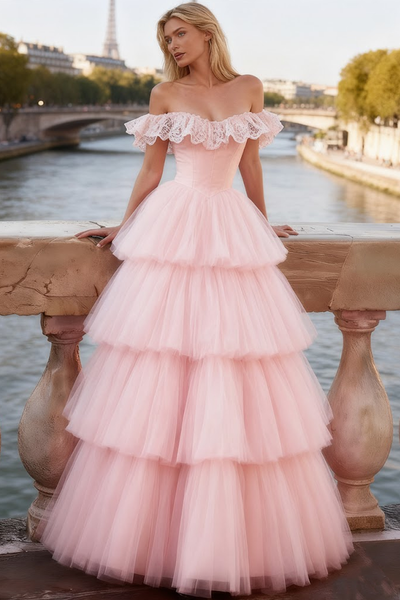 Light Pink Tulle Ruffled Long Corset Prom Dress