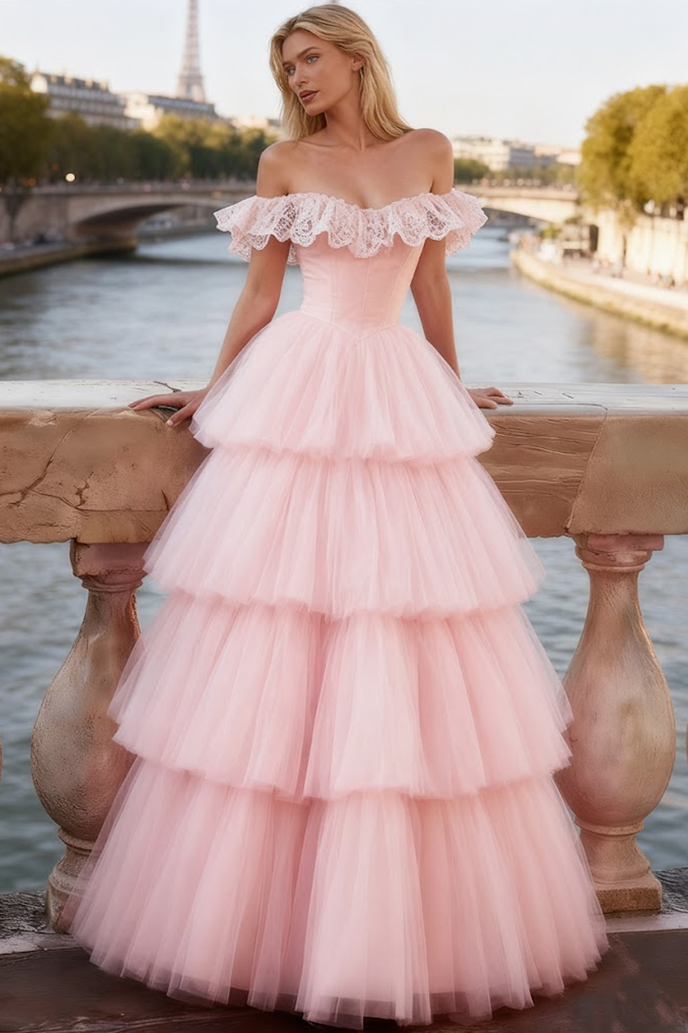 Light Pink Tulle Ruffled Long Corset Prom Dress