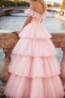 Load image into Gallery viewer, Light Pink Tulle Ruffled Long Corset Prom Dress
