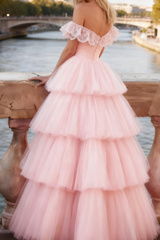 Light Pink Tulle Ruffled Long Corset Prom Dress