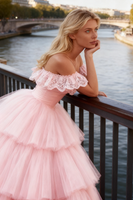 Load image into Gallery viewer, Light Pink Tulle Ruffled Long Corset Prom Dress