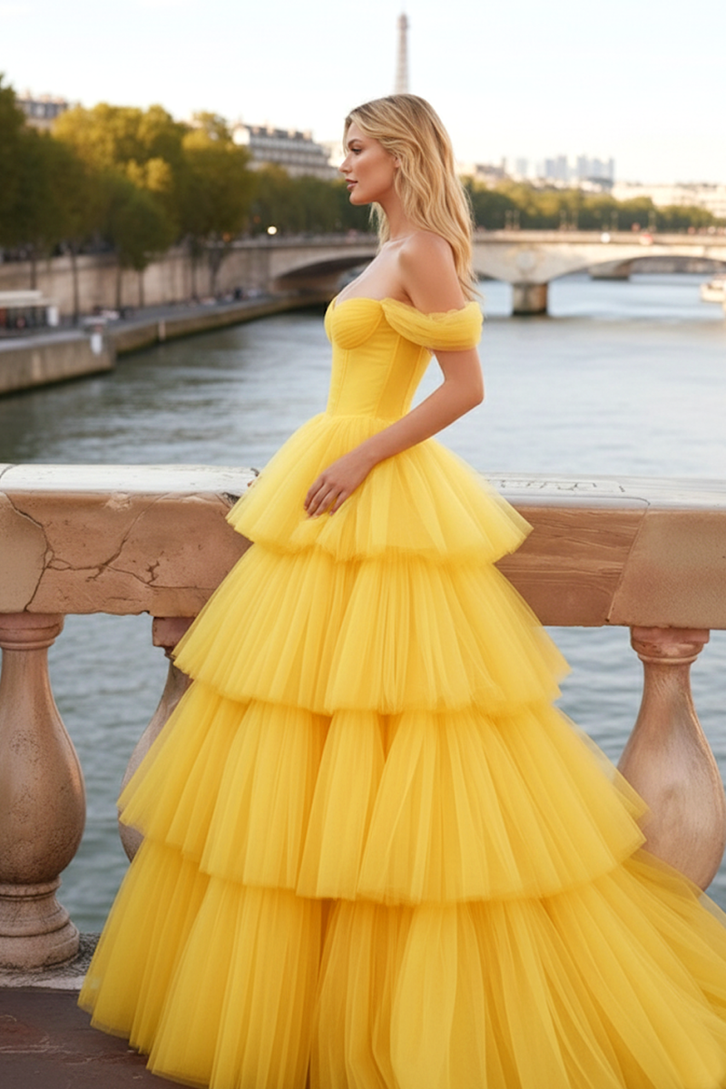 Load image into Gallery viewer, Yellow Ruffled Tulle A-Line Long Corset Prom Dress