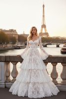 Load image into Gallery viewer, White Lace Ruffled Long Corset Bridal Dress with Sleeves