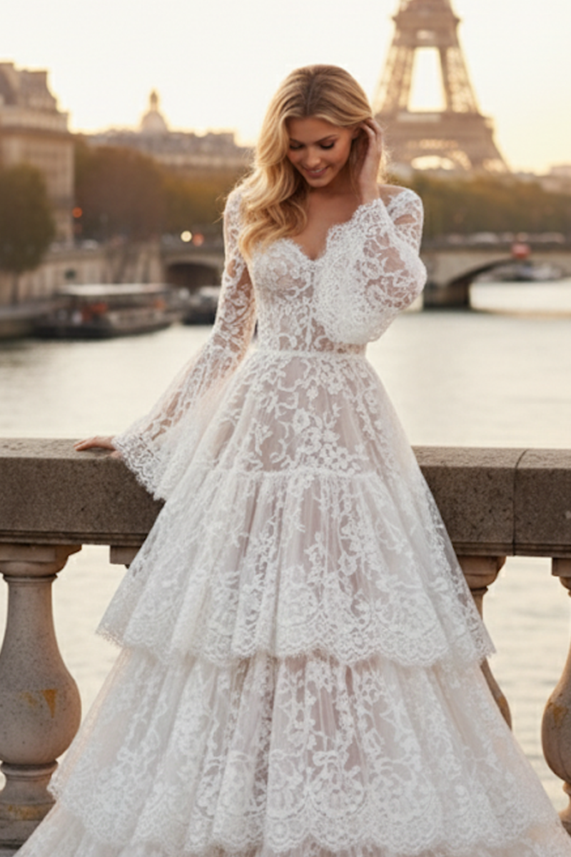 Load image into Gallery viewer, White Lace Ruffled Long Corset Bridal Dress with Sleeves