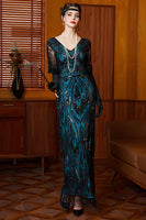 Load image into Gallery viewer, Sparkly Black and Blue Beaded Sheath Long Flapper Dress with Lace