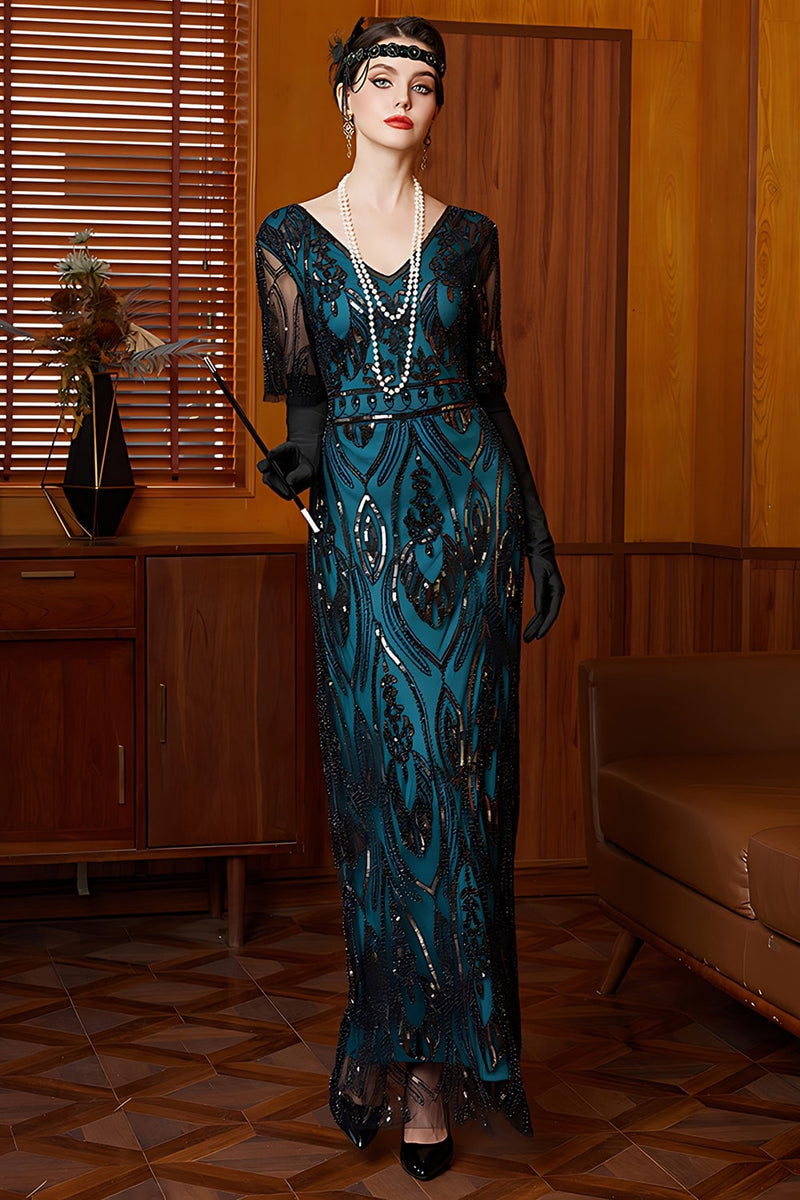 Load image into Gallery viewer, Sparkly Black and Blue Beaded Sheath Long Flapper Dress with Lace