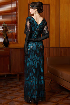 Sparkly Black and Blue Beaded Sheath Long Flapper Dress with Lace