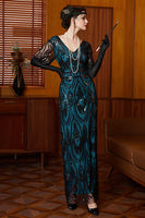 Load image into Gallery viewer, Sparkly Black and Blue Beaded Sheath Long Flapper Dress with Lace
