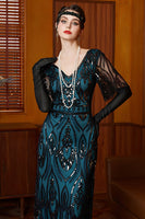 Load image into Gallery viewer, Sparkly Black and Blue Beaded Sheath Long Flapper Dress with Lace
